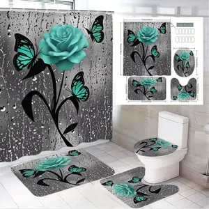 1/4pcsEaster Spring Flower Pattern Shower Curtain Set - 4 Piece with Hooks, Waterproof Fabric, Rustic Botanical Print, Ideal for Easter Bathroom Decor, Bathroom Supplies, Bathroom Decoration Accessories