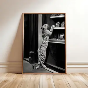 Fashion Magazine Poster, Luxury Leopard at Store Print, Trendy Wall Art, Black and White Print, Leopard Boutique Poster
