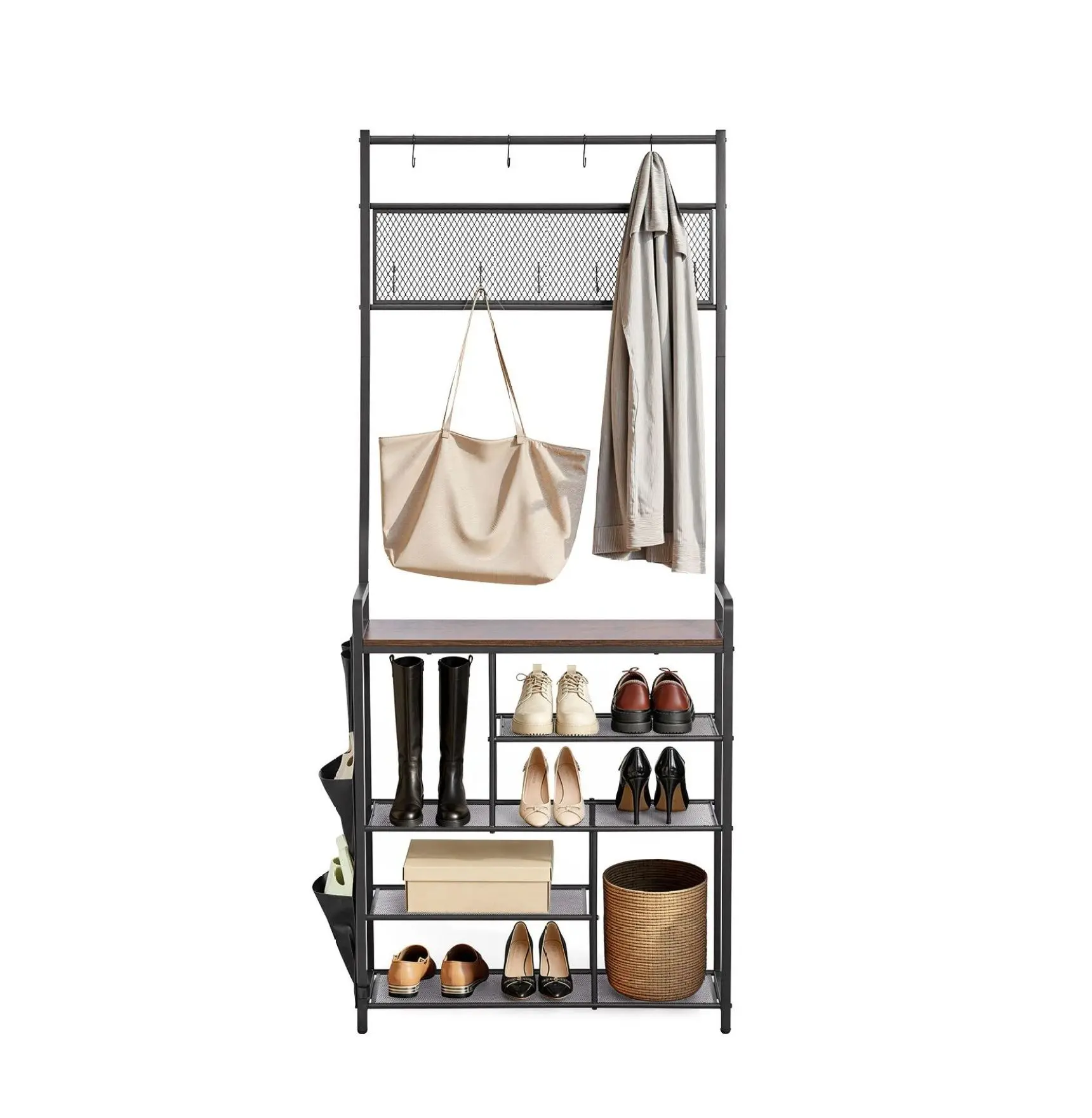 Hall Tree Coat Rack, 70.9in Freestanding Shoe Organizer with Hooks Default