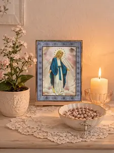 Our Lady of Grace Icon with Silver Foil on Wood 5 1/2" x 4" Religious Artwork for Home Decor