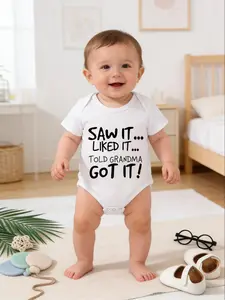 Newborn Baby Boy Cartoon Letter Print Short Sleeve Romper, Comfortable One-Piece, Perfect for Daily Wear, Cute Fitted Style, Letter Print Bodysuit