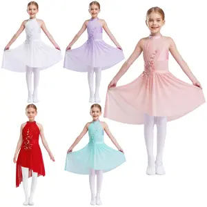 easyforever Girls Ballet Lyrical Dance Dress Kids Sleeveless Irregular Hem Shiny Rhinestones Dress Dancewear