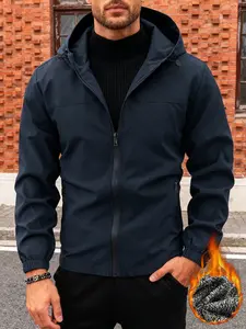Men's Casual Fleece Lined Jacket, Zipper Closure Hooded Design, Fall & Winter Windproof Warm Coat, Polyester Fabric