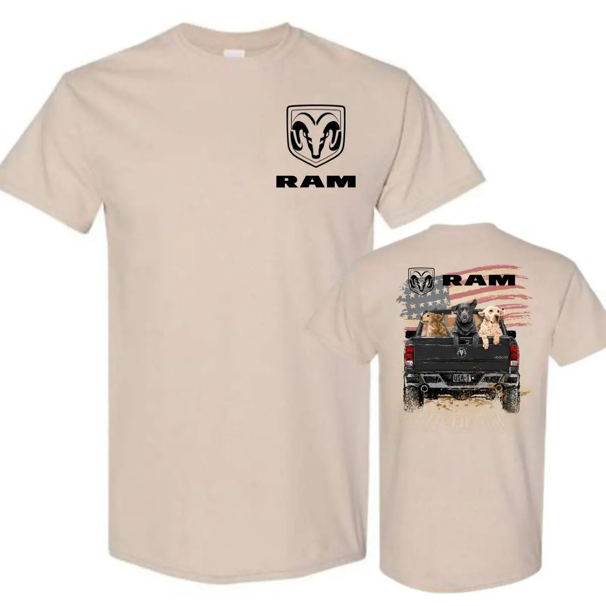 RAM Truck T-Shirt – RAM Logo with Dogs in Truck Bed and American Flag, Perfect for Truck Lovers and Dog Owners, Unisex T-Shirt for Men and Women