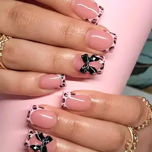 US-NAIL - 24Pcs Pink Leopard Print French Tips False Nails Short Square Head 3D Black Bowknot Fake Nails Acrylic Full Cover Press on Nails
