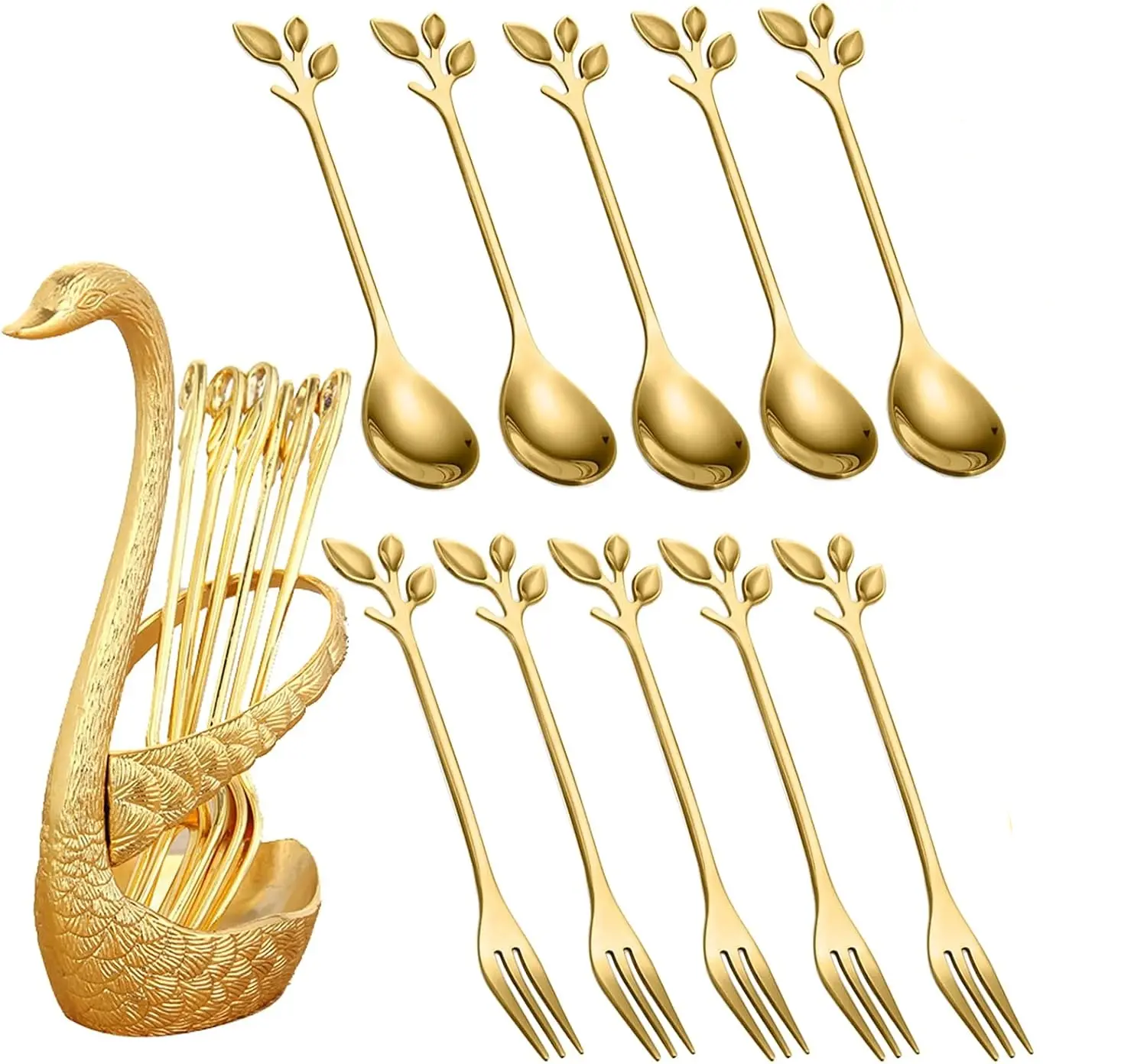 Pack of 11 Gold Mini Swan Spoon Holder Set with Spoons and Forks for Coffee, Tea, and Dessert Table Suitable for Many Themed Parties, Birthday Parties, Afternoon Tea, Weddings, etc, Utensils, Tableware, Cutlery, Stainless