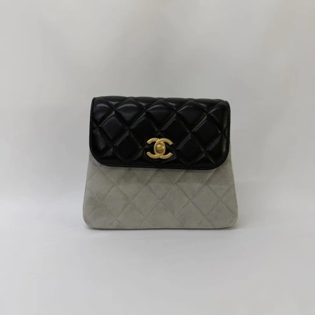 Pre-owned CHANEL 25A Vintage Square Flap Shoulder Crossbody Bag in Gray Suede & Black Quilted Lambskin Leather (Gold Accents), Shoulder Bags, Crossbody Bags