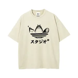 Totoro No-Face Ponyo Minimalist Black Print Washed T-Shirt