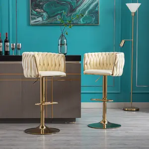 Set of 2 Adjustable Bar Stools - Velvet Upholstered with Swivel Base & Chrome Footrest, Golden Legs Modern Counter Stools (Ivory)