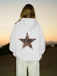 Women's Leopard Star Print Drop Shoulder Hoodie, Fashion Casual Drawstring Pocket Hooded Sweatshirt for Daily Holiday Outdoor Wear, Women Clothing for Fall & Winter