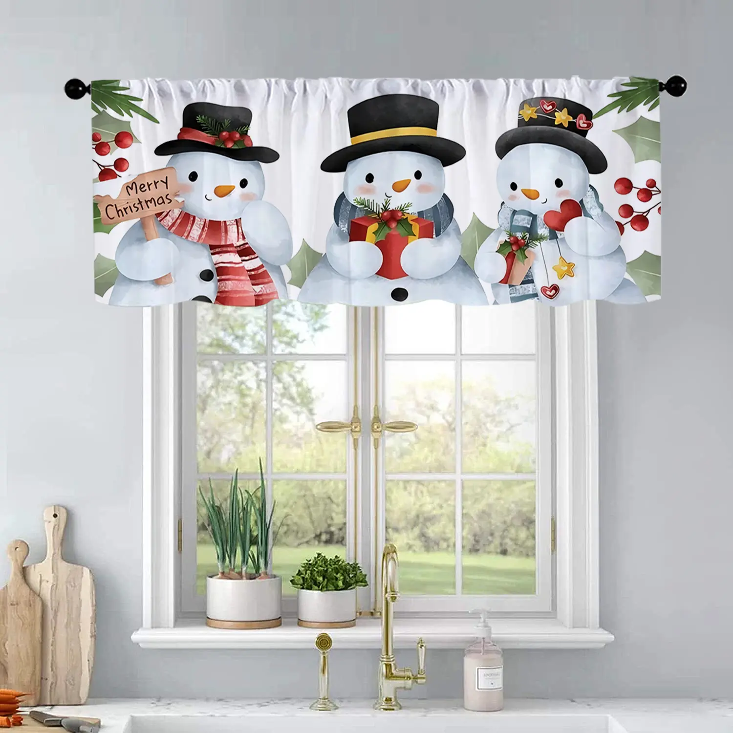 1Pc Christmas And New Year Printed Kitchen Curtains Watercolor Illustration Christmas Curtains Curtain Valance Living Room Bedroom Bathroom Home Decor 54X18 Inch Home Decoration Curtain