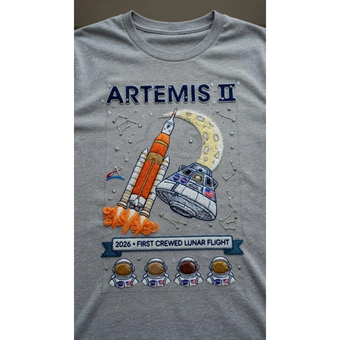 Artemis II Embroidered T-Shirt 2026 - NASA First Crewed Lunar Flight Rocket & Orion Patch Tee with 4 Astronauts Wiseman Glover Koch Hansen - Detailed Embroidery Space Shirt