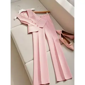 Women's Elegant Pink Suit Set - Sleeveless V-Neck Blazer with Button Details, Matching Pants,  Polyester, All-Season Wear, Casual Outing Attire | Sleeveless Blazer | Polyester Fabric