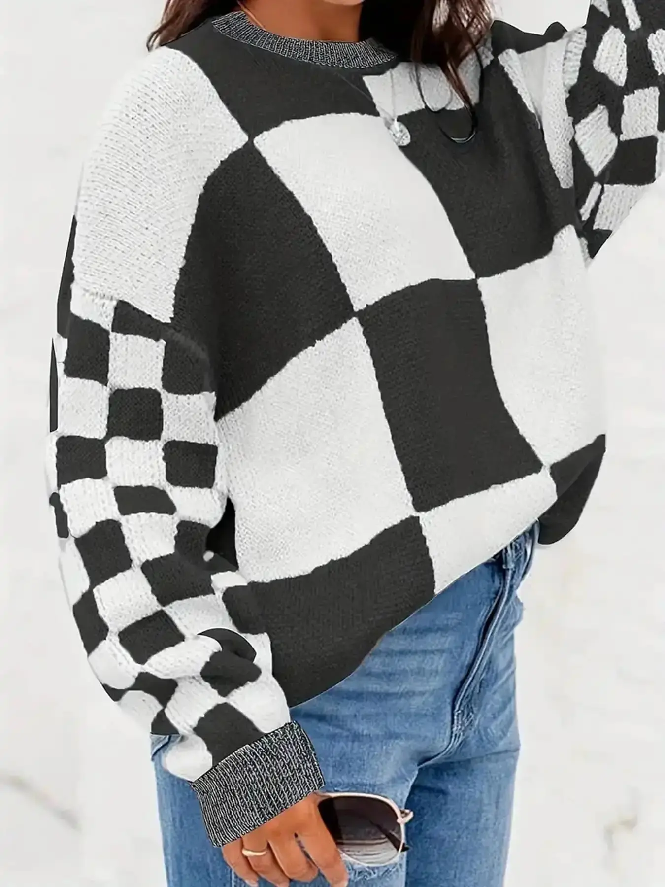Women's Plaid Print Checkered Drop Shoulder Chunky Knitted Sweater, Casual Long Sleeve Round Neck Jumper for Fall & Winter, Fashion Ladies' Knitwear Daily Wear trending now spring summer