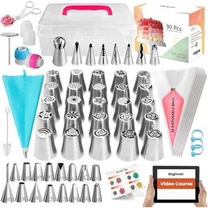 90 count Flower Making Piping Tips Set, Includes 31 Piping Bags & 49 Tips (25 Russian piping tips, 16 Icing tips,7 Ruffle/Korean, 1 Ball Tip) + Video Course for beginners to Decorate Cake & Cupcake