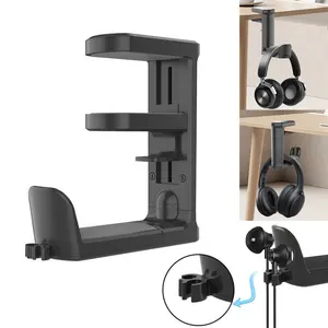 Rotating Headphone Stand - PC Gaming Headset Holder, Adjustable Clamp-on Under Desk Hanger With 360 Degree Swivel & Cable Clip Organizer