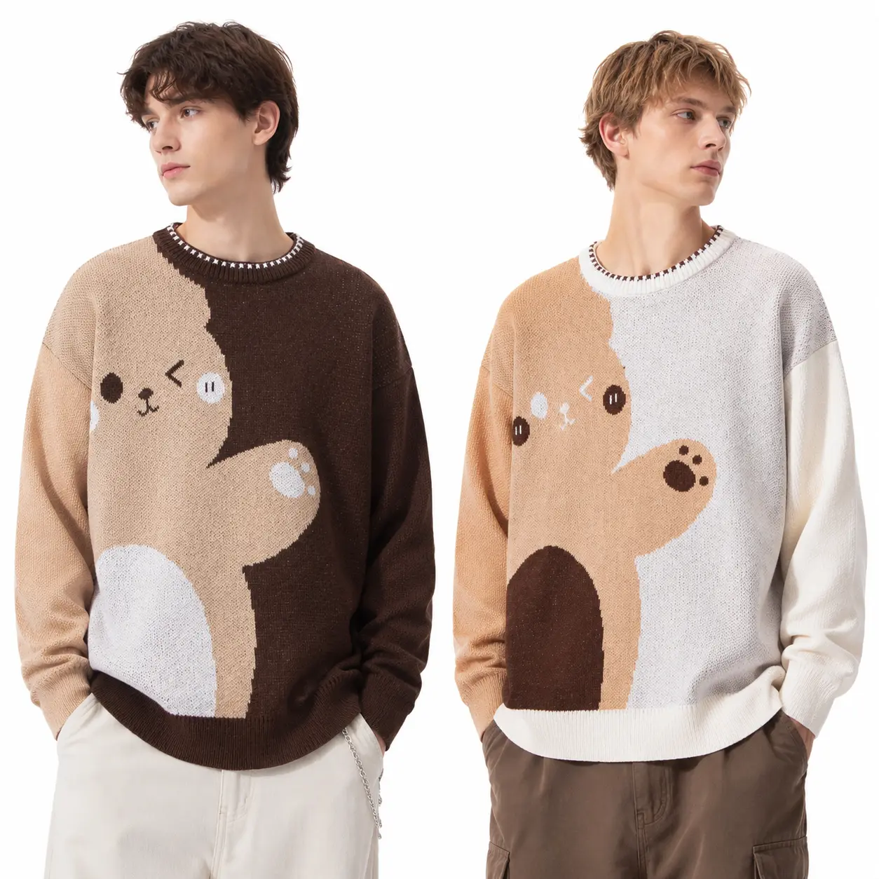 Men's Casual Stylish Crew Neck Longsleeve Color-Block Knit Sweater - Oversized Baggy Loose Fit, Winking Teddy Bear Graphic Pullover for Fall Winter Daily Street Outfits, Longsleeves