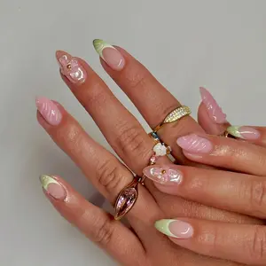 Press On Nails Medium Almond Shape – 24PCS Reusable Fake Nails with 3D Flowers, Pearls, Pink and Green French Tips, Glossy Stick On Nails for Women and Girls, Easy to Apply, Long Lasting
