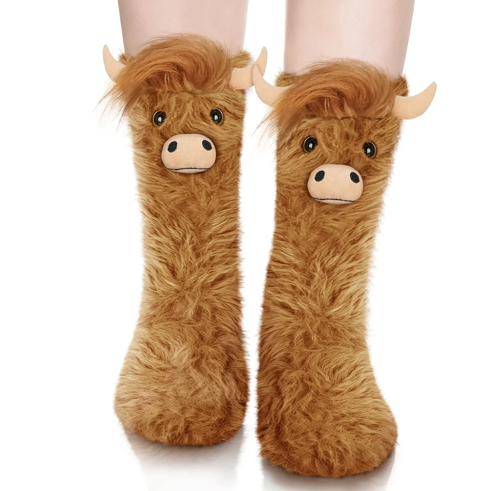 Women's 3D Highland Cow Fuzzy Slipper Socks by SuniSooci - Animal-Themed, Cozy, Funny Gift for Cow Lovers, Birthday Present, Christmas Stocking Stuffer