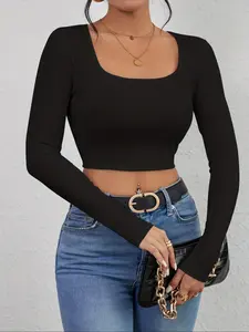 Women's Solid Color Knit Crop Top, Casual Long Sleeve Cropped Top for Daily Wear, Ladies Clothes for All Seasons, Knitwear, Womenswear