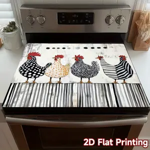 1pc 2D Flat Chicken Parade 1pc Stove Mat, Colorful Rooster & Hen Design with Piano Key Stripe Pattern, Heat-Resistant Polyester-like Appliance Cover, Dishwasher Multi-Purpose Pad for Oven, Stovetop, Washing Machine