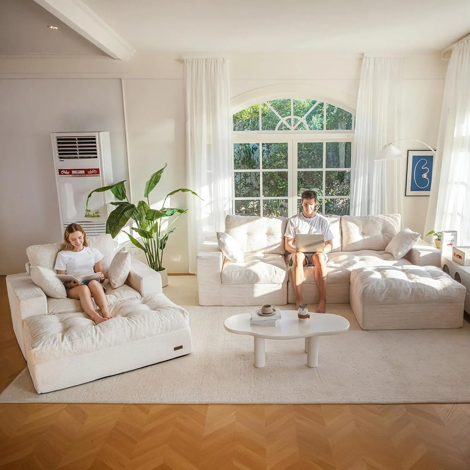 L Shape + Square Chaise Lounge-Beige