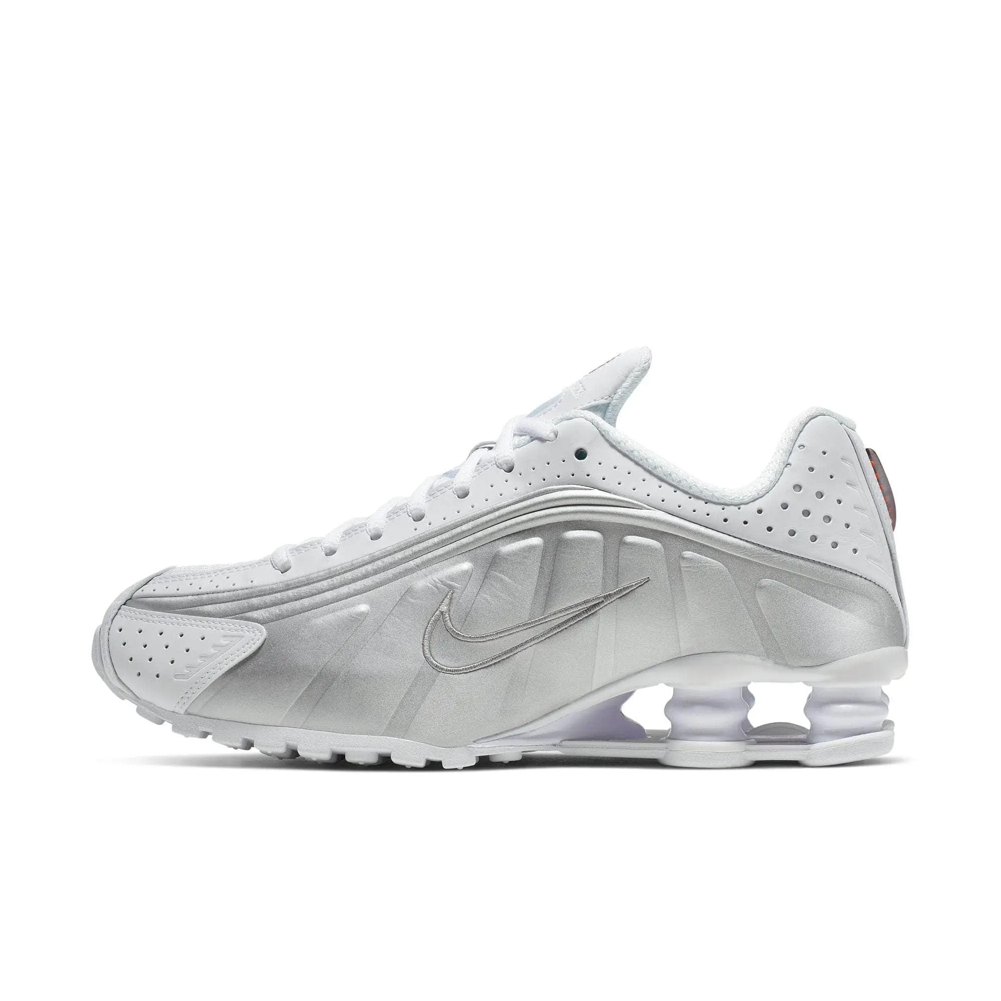 NIKE Women's (Female) Shox R4 Leather & Synthetic Running Sneakers - White Metallic Silver, Responsive Cushioning, Modified Waffle Outsole, Laces, Laser Perforations, Modern Enhancements, Synthetics, Sporty Chic, Recrafted Icon, Casual Trainers, Clean Aes