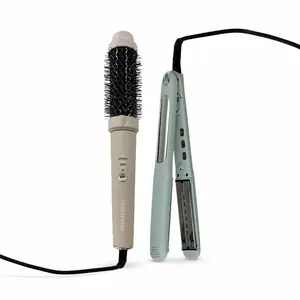 Hair Duo - Titanium Flat Iron and Thermal Brush Set for Styling Hair