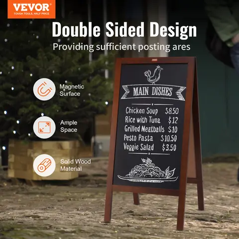 【toolupgrade】VEVOR 20"x40" Solid Wood Material A-Frame Chalkboard Sign, Rustic Brown Vintage Foldable Double-Sided Cafe Sidewalk Sandwich Board with Ample Posting Areas, Premium Wall Mounted Blackboard, Chalk+Marker Ready Set, Magnetic Eraser, Flexible In