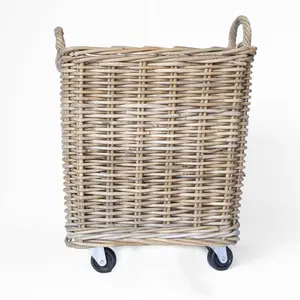 Rattan Square Storage Basket on Wheels