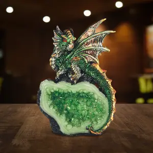 4"H Green Dragon on Green Faux Crystal Stone Statue Fantasy Decoration Figurine