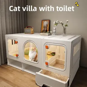 Indoor Cat Condo with Litter Box - Multi-Level One-Bedroom One-Hall Cat House Cage, Space-Saving Enclosure for Small Apartments & Kittens, Easy Clean Litter Drawer - Litterbox