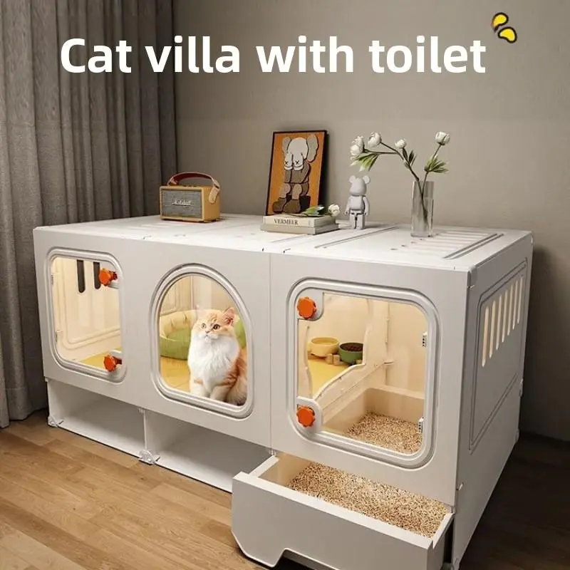 Indoor Cat Condo with Litter Box - Multi-Level One-Bedroom One-Hall Cat House Cage, Space-Saving Enclosure for Small Apartments & Kittens, Easy Clean Litter Drawer - Litterbox