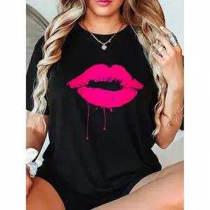 100%25 Cotton Sexy Pink Hot Lips T Shirt: Neon 80s Lipstick Kiss Party Tee Casual Short Sleeve Shirt