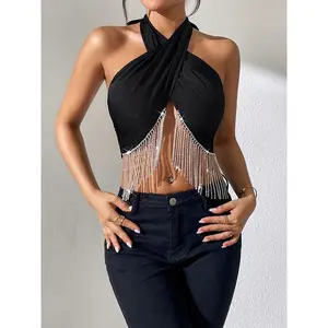 LYD Women's Minimalist Rhinestone Fringe Trim Criss Cross Halter Neck Crop Top Elegant Comfort Fashion Tie Back Backless Sleeveless Top for Party Club Dating Wear Ladies Summer Clothes for Christmas Basic Black Womenswear Short Chic Elegance
