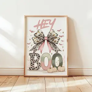 Girly Pastel Halloween Decor for teen Bedroom Hey Boo Wall Art Leopard Bow Printable Art Pink Fall Spooky Decor