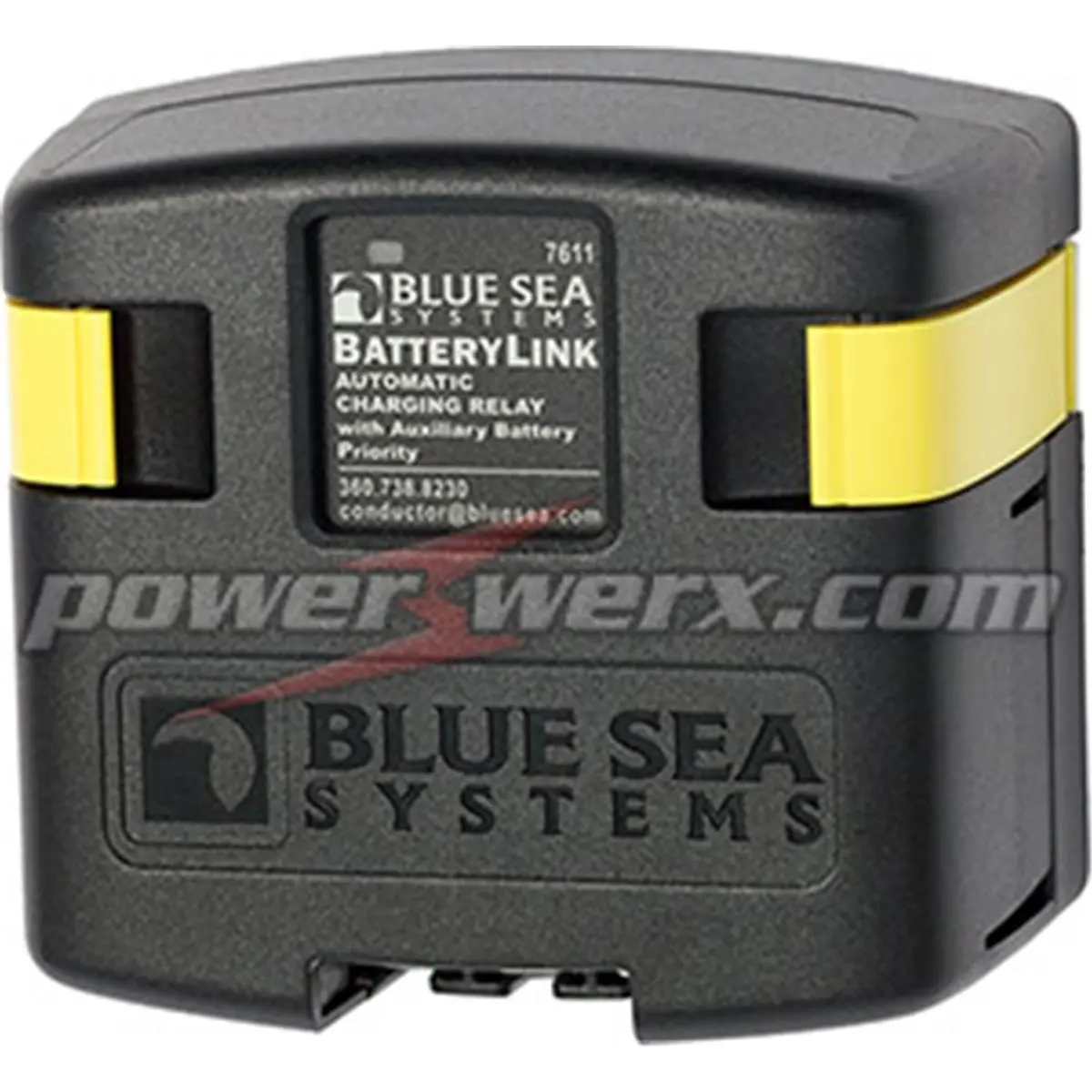 Blue Sea 7611 DC BatteryLink Automatic Charging Relay - 12/24V DC, 120A Continuous Rating, 5 min.:210A, Car Clip-On Cover, Auxiliary Battery Charger, Integrated LED, Quick Connect Terminals, Senses Charging on 2 Battery Banks, Side & Bottom Knockouts