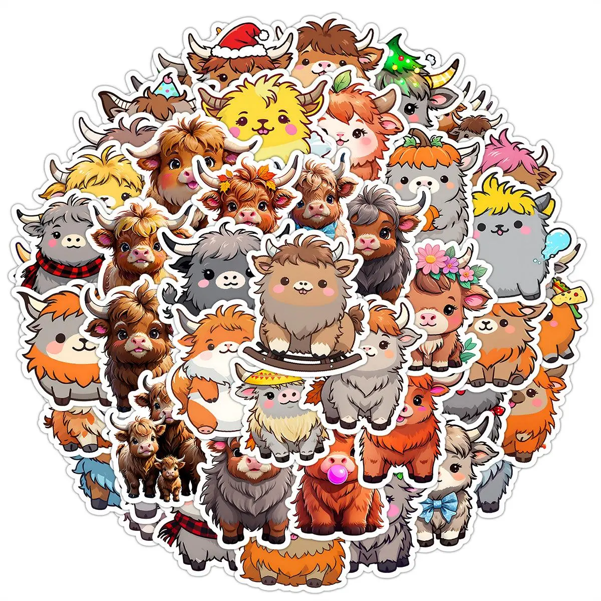 Cute Highland Cow Series Sticker, 50pcs/set Round Self Adhesive Decorative Stickers, DIY Decals for Water Bottle, Laptop, Phone Case, Screen Protector, Cellphone Casing, Multicolor, Decoration Sticker