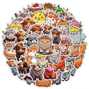 Cute Highland Cow Series Sticker, 50pcs/set Round Self Adhesive Decorative Stickers, DIY Decals for Water Bottle, Laptop, Phone Case, Screen Protector, Cellphone Casing, Multicolor