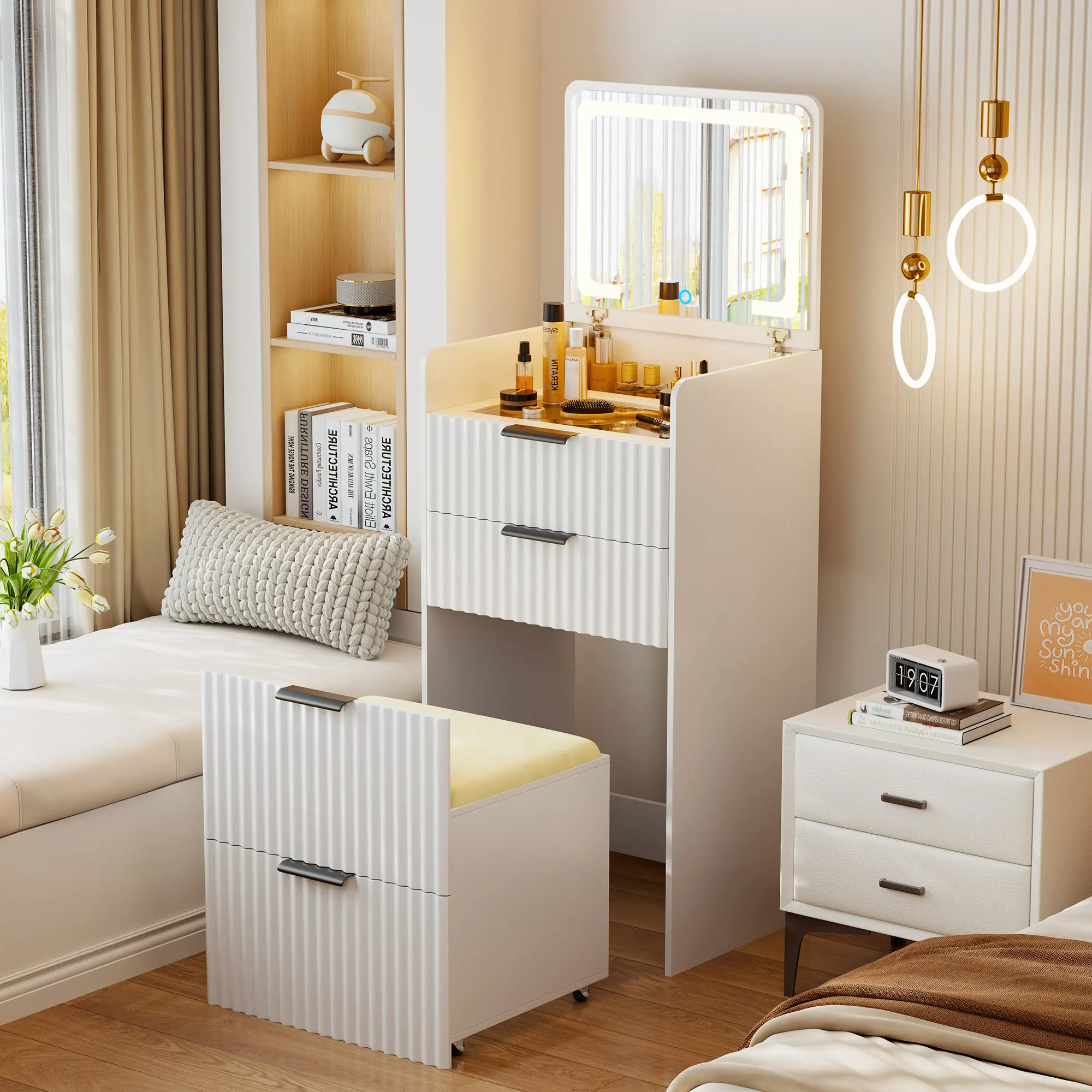Miu small room vanity with Flip-up LED Mirror, Glass Tabletop,6-Compartment Storage Space, Soft Stool with Hidden Space & Drawer
