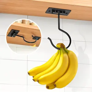 Self Adhesive Banana Hook under Cabinet Foldable Banana Hanger Black Metal under Counter Banana Hook to Keep Bananas Fresh Banana Holder for Kitchen RV Space Saving Fitnice