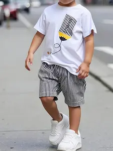 Boys' Two-Piece Set: Mesh Short Sleeve Printed T-Shirt + Casual Striped Shorts, Classic Stripe Design, Outdoor Party Essential, Striped Sets, Summer