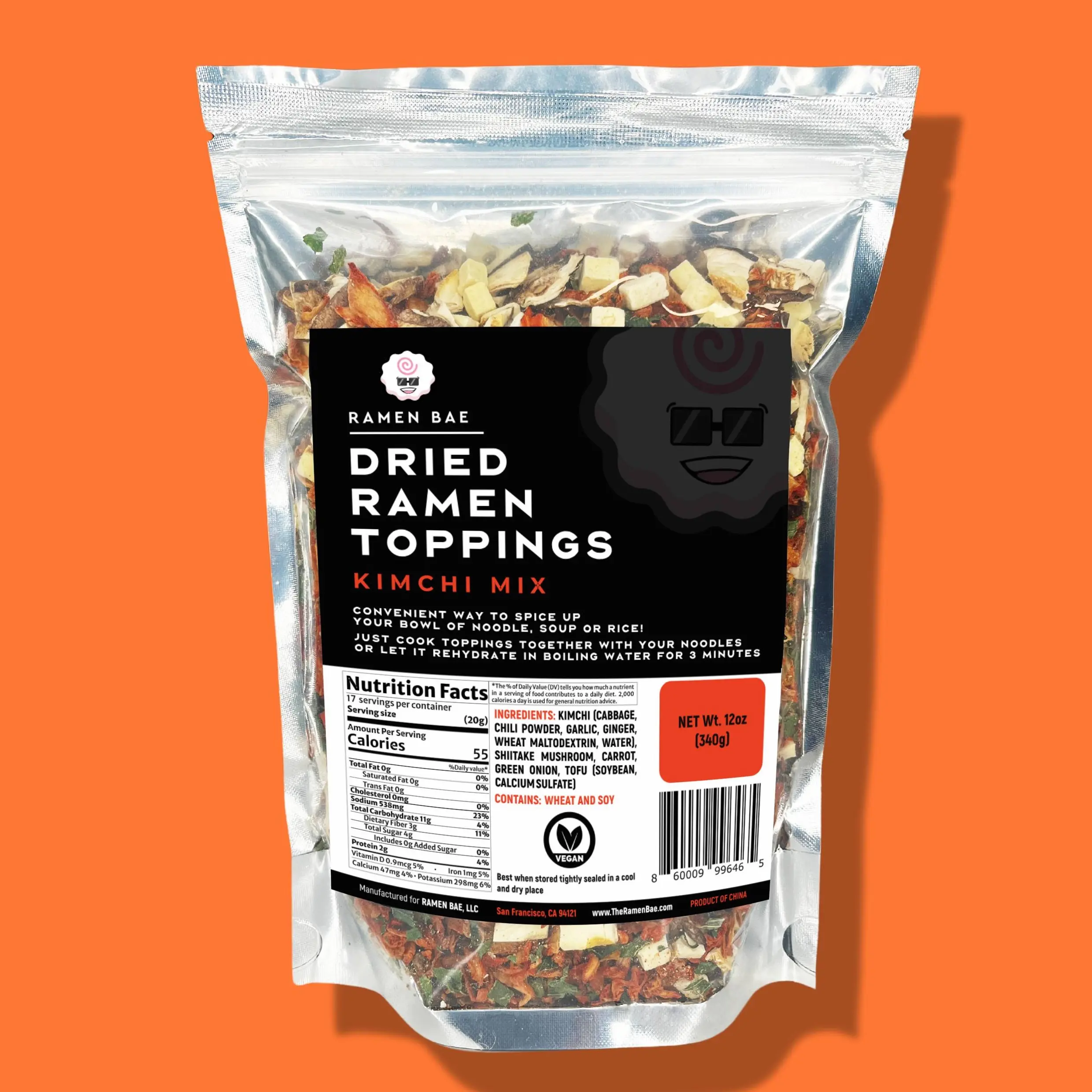 Kimchi Mix - Dried Ramen Toppings with Kimchi, Shiitake Mushrooms, Tofu, Garlic, Ginger, Carrot, and Green Onion - 12 oz Bag of Ramen Toppings