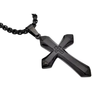 Mens Black Plated Stainless Steel Cross Pendant Necklace With Black Cubic Zirconia with 24" Round Box Chain