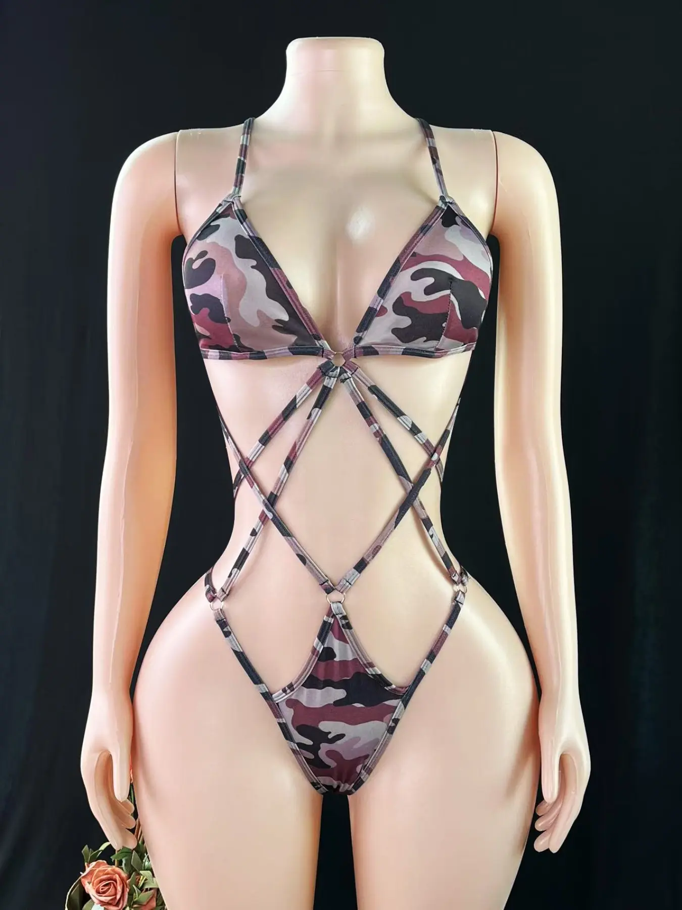 Women's Multicolor Camouflage Extreme Seduction Sexy Lingerie Bodysuit, Backless Strapless Sleeveless Top, All Seasons Wear, Party Sleepwear, Plunge Lingerie Top