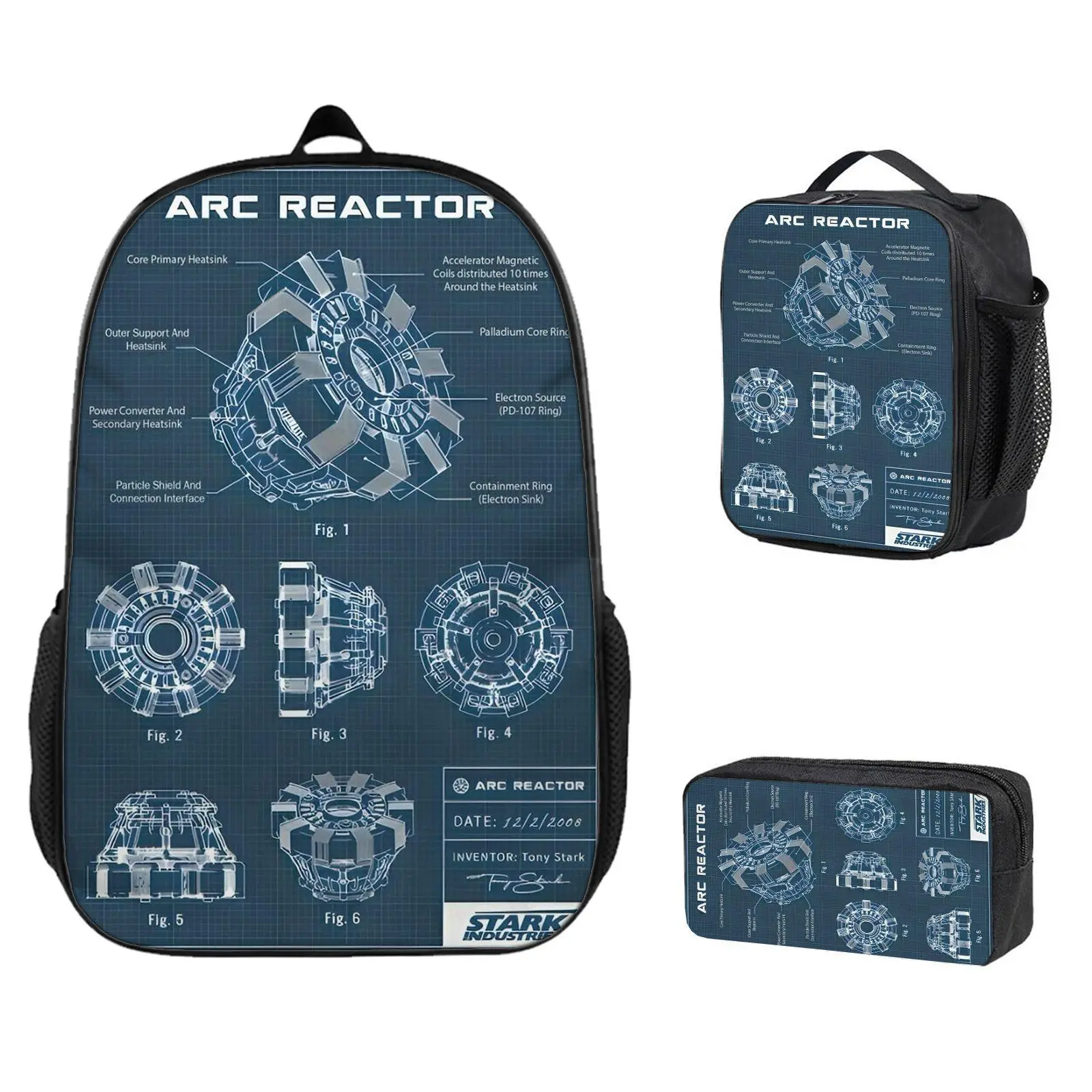 Kids' High-Quality Lightweight Casual Backpack Set (3-Piece) - Insulated Lunch Bag, Pencil Case, Arc Reactor Blueprint, Stark Industries Tech Print, Anime Gift