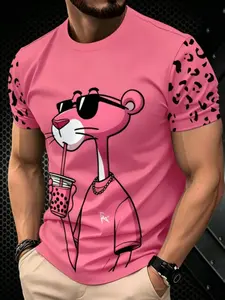 Summer Trendy Cartoon Party Naughty Leopard Print Men's Casual Round Neck Short Sleeve T-Shirt, Slim-Fitting Long T-Shirt for Men