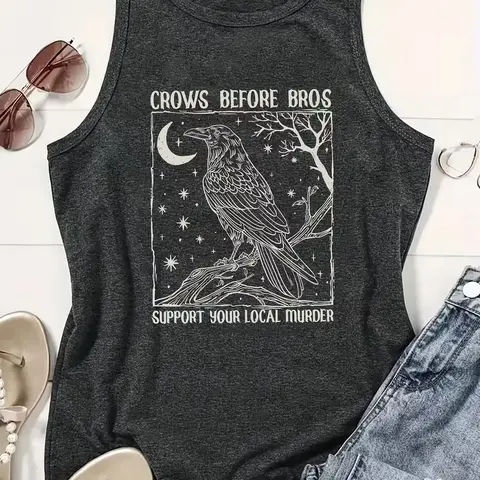 Women's Breathable Cotton-Elastane Oversized Vintage Night Crow Moon Star Graphic Heather Grey Tank Top, Dark Cottagecore Casual Outdoor Sleeveless Tank Tops