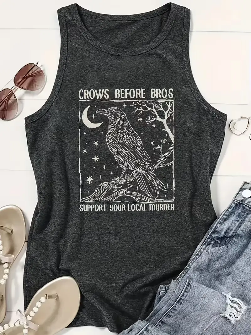 Vintage Night Crow Moon Star Graphic Heather Grey Tank | Dark Cottagecore Women Sleeveless Top Casual Outdoor