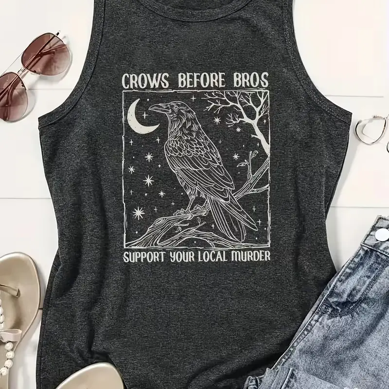 Women's Breathable Cotton-Elastane Oversized Vintage Night Crow Moon Star Graphic Heather Grey Tank Top, Dark Cottagecore Casual Outdoor Sleeveless Tank Tops